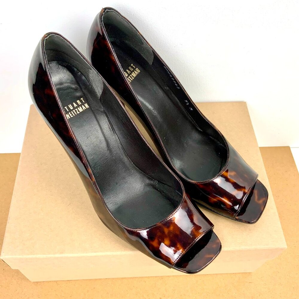 Stuart Weitzman Brown Patent Leather Tortoise Shell Peep Toe Pumps Size 9.5M - Picture 2 of 16